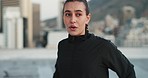 Woman, jacket and stretching workout, for exercise and  fitness for training, health and outdoor. Female trainer, athlete and prepare for morning run, ready to start healthy routine and motivation 