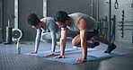 Couple, fitness and gym workout of training friends together for a core strength exercise for abs. Strong, sports and athlete wellness cardio of people doing a sport in a health club or studio