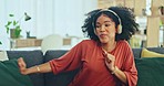 Black woman dancing to music on sofa, streaming hip hop song to enjoy in Miami living room and fun time alone. Young girl with energy, happy dancer singing to radio in headphones and active freedom