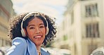 Music, dance and stylish black woman in the city street for fashion, smile and 5g radio. Creative, technology and portrait of dancer dancing with streaming audio on headphones in road for happiness