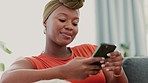 Smartphone, scroll and black woman on sofa social media, online chat communication or reading email marketing in her apartment. Happy african woman using phone, browsing internet or social networking