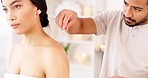 Acupuncture, woman and asian doctor hands at luxury spa for healing, wellness and calm in clinic. Healthcare, physical therapy or physiotherapy man with needle in shoulder, neck pain or stress relief
