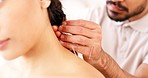 Acupuncture needle, spa and wellness with woman neck and man worker, anxiety or muscle tension with luxury physical therapy. Calm zen, physiotherapy and expert therapy for alternative pain healthcare