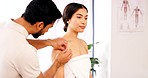 Acupuncture, needle and spa therapist with customer for healthcare, body wellness or beauty salon medical service. Shoulder physiotherapy, luxury healing or client woman relax with naturopath support