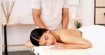 Massage, therapy and acupuncture with a black woman in a spa as a customer or client with a masseur. Hands, needle and relax with a young female lying on a bed in a health clinic for wellness
