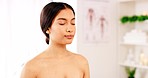 Acupuncture meditation, health spa and woman breathing air for peace, zen or body healing with medical healthcare support. Wellness, needle physiotherapy and client customer relax for mindfulness