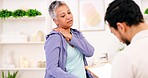 Neck pain, doctor, woman and patient talking about symptoms, painful and body injury. Healthcare, senior female and medical professional with clipboard consulting, with shoulder tension and explain.