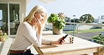 Phone, communication and social media with a senior woman on a balcony of a retirement home in the day. Contact, mobile and internet with a mature female typing a text message while outdoor to relax