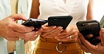Senior hands, smartphone and friends together for social media, networking community and online retirement newsletter or forum. Elderly people or women holding phone for internet information search