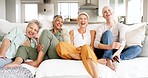Comic, sofa and senior friends with a movie in the living room for peace, love and bonding together. Happy, smile and elderly women streaming a funny television show, film or video on the couch