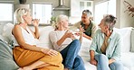 Senior woman, friends and relax in conversation, retirement or socializing together on the living room sofa at home. Happy women enjoying quality free time, bonding and social communication on couch