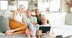 Senior women waves, retirement and friends, talking with tablet for video call, communication and technology on vacation for girl trip. Enjoy chat, mature female friendship and retired on holiday.