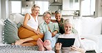Tablet, sofa and senior women friends watch online film, live streaming video and comedy show together in home in retirement lifestyle, community and free time. Excited elderly people with movie tech
