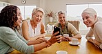Phone, senior women and discussion with friends, bonding and conversation in home. Mature females, smartphone and gossip to browse internet for social media, share post or talking together with smile