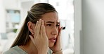 Woman, stress headache and frustrated eyes on pc for computer 404 glitch in workplace office. Young tired girl, overworked business employee and work burnout or mental health risk at company desk