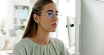 Business woman, glasses and working on computer, online report and internet research, vision and planning. Corporate employee with eyeglasses, lense and reading email in digital marketing officer