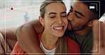 Happy couple, live recording and selfie kiss with smile for love, care and bonding moment together. Man and woman streaming life on record smiling for travel, happiness or funny relationship memory