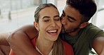 Couple, selfie and cheek kiss in house, home or hotel living room trust, interracial love or support. Portrait, happy smile and man or woman bonding in social media pov photography or profile picture