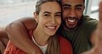 Couple, selfie and funny face and hug for a social media post while in living room at home with a smile, love and care. Portrait of interracial man and woman in house to relax and take profile photo