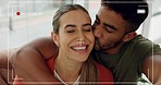 Couple, video frame selfie and kiss of fun and happy or cheerful man and woman bonding with love and affection. Loving, kissing and boyfriend and girlfriend take photo or filming silly memory 