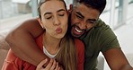 Couple, selfie and happy in home living room on sofa with phone, comic laugh and funny face for social media. Man, woman and love with joke, smartphone and relax apartment for internet, web or blog