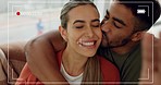 Love, happy and couple live streaming a video on social media to share romantic memories together online. Smile, vlogging and woman enjoys recording content with a funny partner on a social network 
