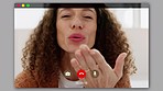 Video call, kiss and woman with love and a happy smile after talking, communication or speaking to partner. Connection, wave and mature person enjoys a virtual conversation on a social networking app