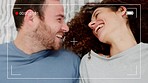Camera selfie, love and couple on bed in bedroom recording video for future memory together. Digital screen, frame and romantic man and woman vlogging for social media, online lifestyle or web post.