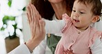 Mother, baby girl or doctor high five for medical life insurance success, behaviour praise or wellness trust. Smile, happy child or healthcare worker or fun pediatrician consulting in kids hospital