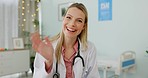 Doctor, waving woman or video call in telehealth consulting, life insurance support or hospital medical conference. Happy smile, talking healthcare worker and zoom call portrait or webinar greeting 