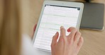 Closeup, woman and scrolling with tablet for planning, schedule or strategy at secretary job. Business, receptionist and digital mobile technology in office with spreadsheet, app or software on web