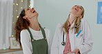 Laughing, women and doctor in a hospital or healthcare clinic happy about a comic joke. Medical, consulting and nurse employee with comedy, friends and communication together in a health consultation