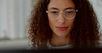 Laptop, thinking woman and glasses, working on ideas and house, living room or lounge in work from home office for planning, solution or research. Focus face of freelancer lady reading computer email