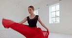 Dance, creativity and art with woman dancer and red fabric cloth, training for performance or competition with fitness and artistic. Sport, creative and young female dancing in studio for practice.