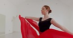 Dance, art and creative with ballet woman in studio with fabric for training, freedom and fitness. Health, music and wellness with girl dancing in red dress for theater, performance and inspiration