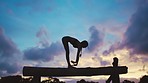 Yoga, silhouette and woman exercise against a night sky on balance beam, energy and chakra training with mockup. Posture, shadow and girl in meditation, yoga pose and wellness, mind and zen workout 