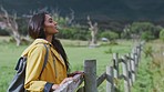 Freedom, hiking and woman in nature breathing fresh air for peace and calm outdoors. Zen, relax and female hiker from India breathe in countryside, enjoying quality time alone or having fun adventure