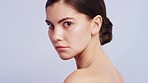 Skincare, beauty and woman face portrait of wellness, health and cosmetic glow after facial. Facial, dermatology and youth cosmetics treatment with a model showing healthy spa luxury results