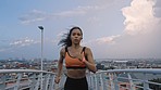 City bridge, running and black woman fitness training for sports and wellness outdoor. Health, exercise speed and runner marathon of an athlete with freedom and energy in the morning breathing