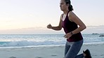 Fitness, exercise or woman running in Mexico beach, ocean or sand for wellness, training or workout. Sea sunset, mockup or health athlete runner for marathon race, cardio goal or sports event