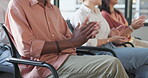 Hands, applause and crowd with a business team clapping during a meeting, presentation or seminar at work. Goal, coaching and support with a man and woman employee group listening to a lecture