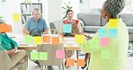 Black woman, presentation and sticky notes with team, brainstorming or discussion for marketing campaign. Team work, female or speaker with post it, group project or planning for advertising strategy