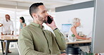 Businessman, computer and phone call in coworking office space, digital marketing company or networking advertising startup. Happy smile, talking creative designer and mobile communication technology