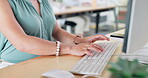Zoom of hands, computer or business woman typing on keyboard for digital coding, programming or creative software app. Cybersecurity, programmer or girl for networking, internet research or invest
