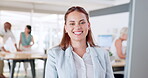 Portrait, happy woman and working on computer in office with motivation, smile and vision for career growth, business goals and startup management. Face of worker, happiness and desktop in Colombia 