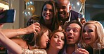 Young diverse friend group smiling laughing having fun holding glasses taking a selfie at party