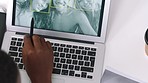 People, engineering technology and hands in creative facial recognition, face mapping art or vr photography innovation. Top view, woman and man on digital laptop, graphic design or ai profile picture