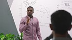 Finance presentation, data and black man in a seminar, coaching employees and economy training at a conference. Financial workshop, business strategy and speaker teaching workers with charts