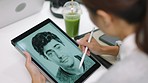 Digital artist, face sketch and creative tablet software of a employee with web design. Creative agency, pencil drawing and working web art of a woman portrait designer in a studio with ux media