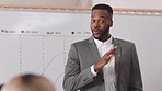 Black man, presentation and business speaker with a positive mindset for motivation during meeting for update, report or training. Coach, manager or presenter talking about target, vision and growth